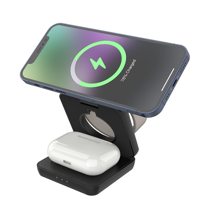 Soporte cargador inalambrico 3 en 1 plegable magnetico para iPhone Apple Watch AirPods gris