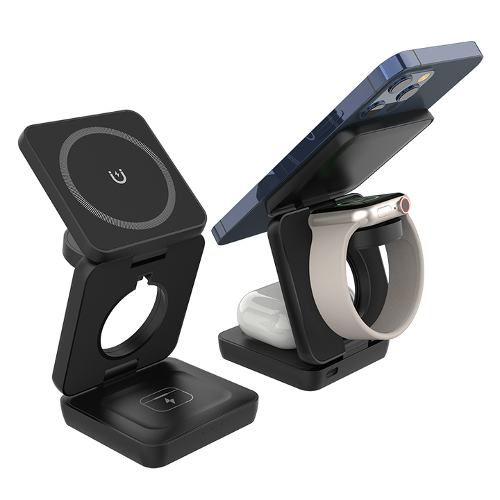 Soporte cargador inalambrico 3 en 1 plegable magnetico para iPhone Apple Watch AirPods gris